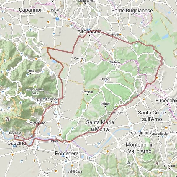 Kartminiatyr av "Cucigliana - Monte Castellare - Cascine di Buti - Altopascio - Ponte a Cappiano - Calcinaia - Cascina" cykelinspiration i Toscana, Italy. Genererad av Tarmacs.app cykelruttplanerare