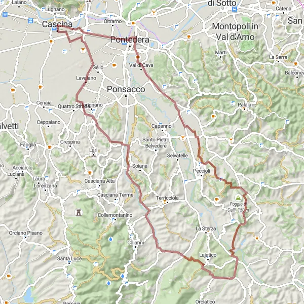 Mapa miniatúra "Gravelový okruh cez Lajatico a Montelopio" cyklistická inšpirácia v Toscana, Italy. Vygenerované cyklistickým plánovačom trás Tarmacs.app