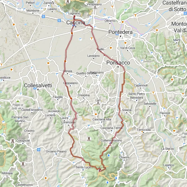 Kartminiatyr av "Grusvägar runt Cascina" cykelinspiration i Toscana, Italy. Genererad av Tarmacs.app cykelruttplanerare