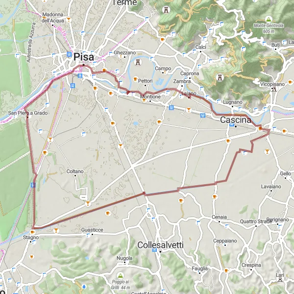 Miniatura della mappa di ispirazione al ciclismo "Gravel tra Cascina e Pisa" nella regione di Toscana, Italy. Generata da Tarmacs.app, pianificatore di rotte ciclistiche