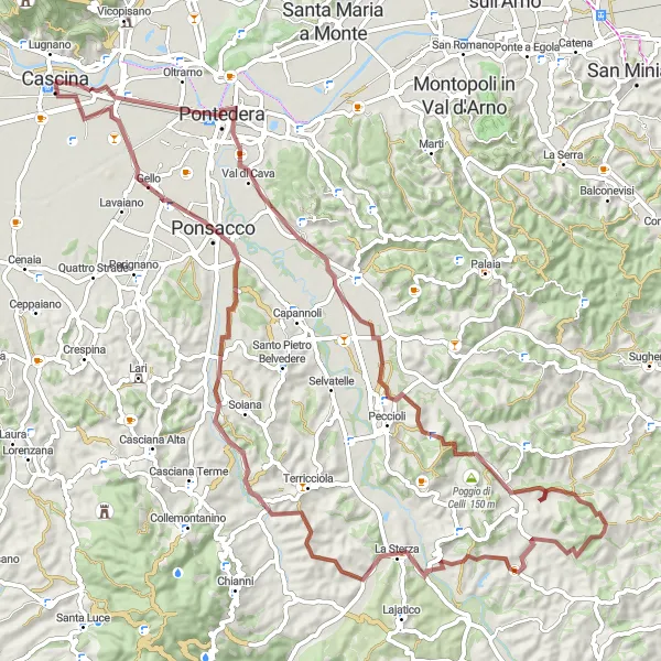 Miniatuurkaart van de fietsinspiratie "Gravelpad naar Romito en Ponsacco" in Toscana, Italy. Gemaakt door de Tarmacs.app fietsrouteplanner