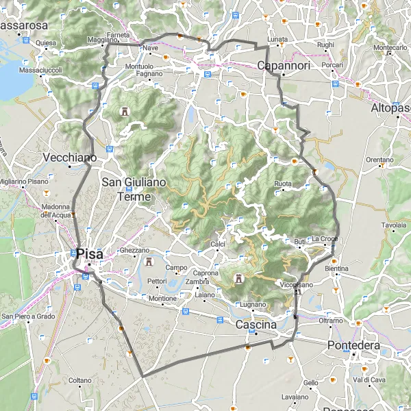 Kartminiatyr av "Vägcykling bland toskanska kullar" cykelinspiration i Toscana, Italy. Genererad av Tarmacs.app cykelruttplanerare