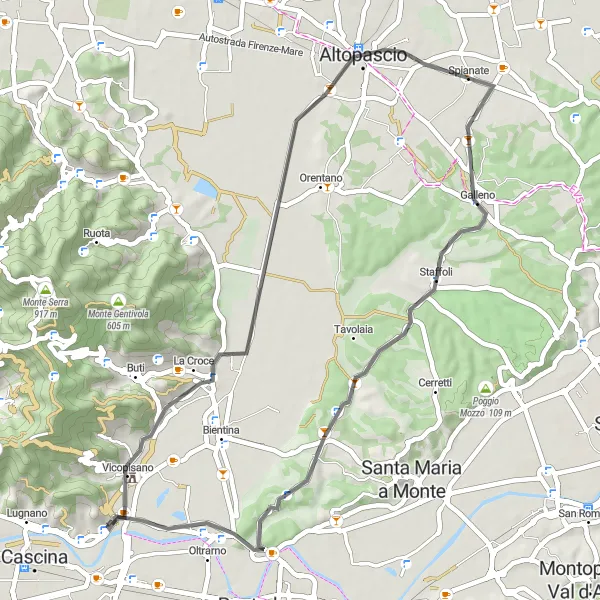 Map miniature of "Monte Roncali and Santa Colomba Road Adventure" cycling inspiration in Toscana, Italy. Generated by Tarmacs.app cycling route planner