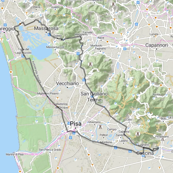 Map miniature of "Mountain Adventure: Monte Perocchio and Torre del Lago Puccini" cycling inspiration in Toscana, Italy. Generated by Tarmacs.app cycling route planner