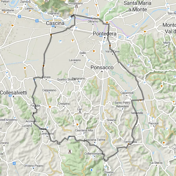 Kartminiatyr av "Cykling från Cascina till Calcinaia" cykelinspiration i Toscana, Italy. Genererad av Tarmacs.app cykelruttplanerare