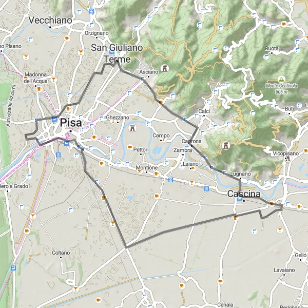 Miniatua del mapa de inspiración ciclista "Paseo por Arnaccio y Gello en Bicicleta de Carretera" en Toscana, Italy. Generado por Tarmacs.app planificador de rutas ciclistas