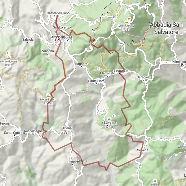 Zemljevid v pomanjšavi "Naporna in slikovita pot okoli Castel del Piana" kolesarske inspiracije v Toscana, Italy. Generirano z načrtovalcem kolesarskih poti Tarmacs.app
