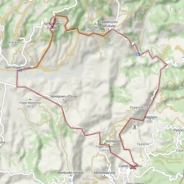 Miniatura della mappa di ispirazione al ciclismo "Avventura tra Montegiovi e Seggiano" nella regione di Toscana, Italy. Generata da Tarmacs.app, pianificatore di rotte ciclistiche