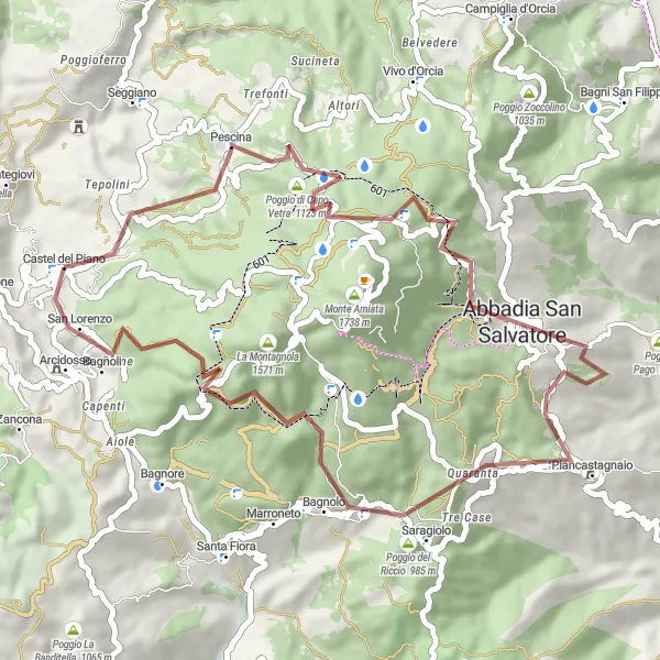 Map miniature of "Pescina and Poggio di Capo Vetra Gravel Route" cycling inspiration in Toscana, Italy. Generated by Tarmacs.app cycling route planner