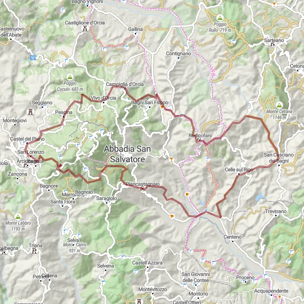 Zemljevid v pomanjšavi "Raziskovanje naravnih lepot okoli Castel del Piano" kolesarske inspiracije v Toscana, Italy. Generirano z načrtovalcem kolesarskih poti Tarmacs.app