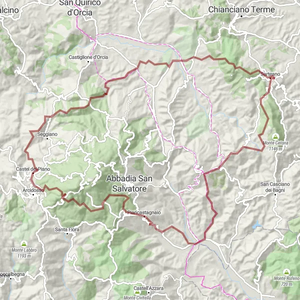 Map miniature of "Montegiovi and Gallina Gravel Loop" cycling inspiration in Toscana, Italy. Generated by Tarmacs.app cycling route planner