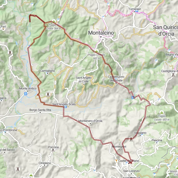 Miniatua del mapa de inspiración ciclista "Ruta de Grava Poggio Cannella - Castel del Piano" en Toscana, Italy. Generado por Tarmacs.app planificador de rutas ciclistas