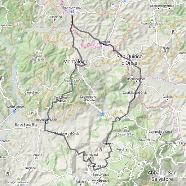 Zemljevid v pomanjšavi "Udobna kolesarska tura v Toskani" kolesarske inspiracije v Toscana, Italy. Generirano z načrtovalcem kolesarskih poti Tarmacs.app
