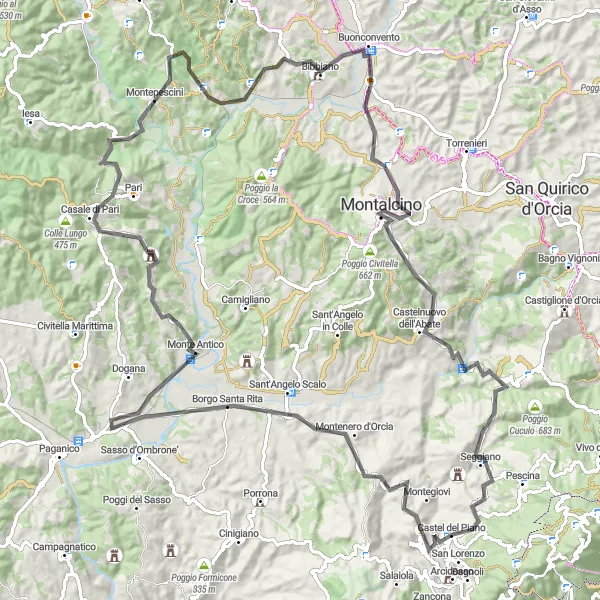 Miniatuurkaart van de fietsinspiratie "Heuvelige uitdagingen en adembenemende uitzichten" in Toscana, Italy. Gemaakt door de Tarmacs.app fietsrouteplanner