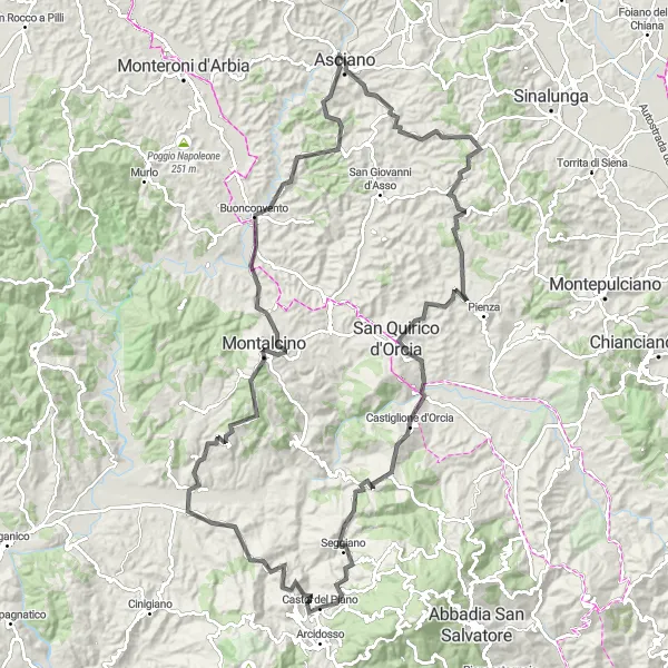 Zemljevid v pomanjšavi "Razgibana kolesarska pot v Toskani" kolesarske inspiracije v Toscana, Italy. Generirano z načrtovalcem kolesarskih poti Tarmacs.app