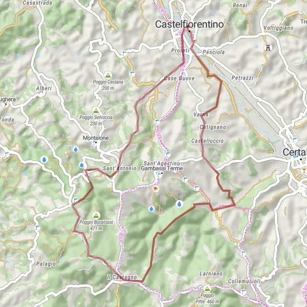 Map miniature of "the Gravel Delights" cycling inspiration in Toscana, Italy. Generated by Tarmacs.app cycling route planner