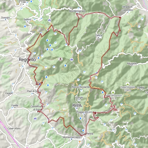 Mapa miniatúra "Trasa okolo Castelfranco di Sopra" cyklistická inšpirácia v Toscana, Italy. Vygenerované cyklistickým plánovačom trás Tarmacs.app