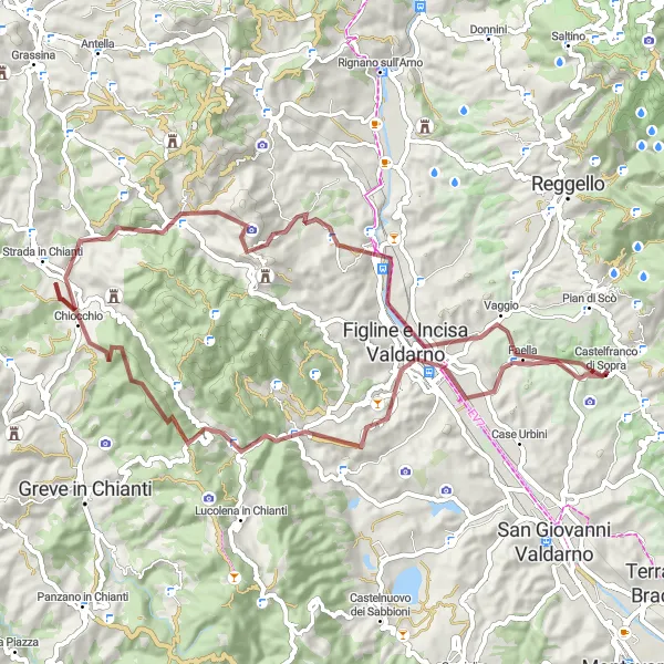 Mapa miniatúra "Figline Valdarno - Faella" cyklistická inšpirácia v Toscana, Italy. Vygenerované cyklistickým plánovačom trás Tarmacs.app