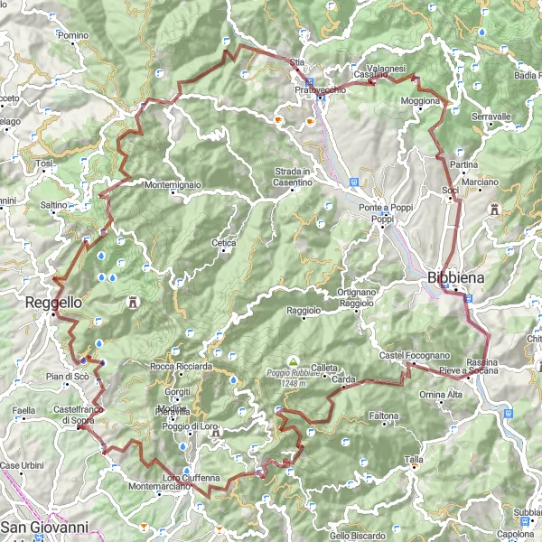 Miniatura della mappa di ispirazione al ciclismo "Tour delle Valli Casentinesi" nella regione di Toscana, Italy. Generata da Tarmacs.app, pianificatore di rotte ciclistiche