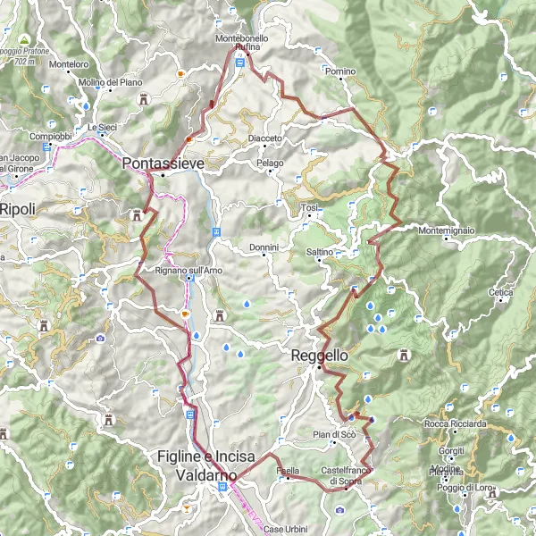 Karttaminiaatyyri "Arno Valley Loop" pyöräilyinspiraatiosta alueella Toscana, Italy. Luotu Tarmacs.app pyöräilyreittisuunnittelijalla