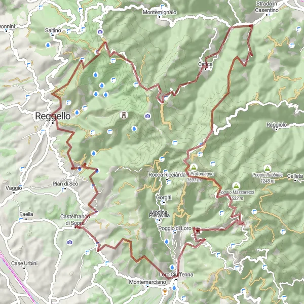 Miniatura della mappa di ispirazione al ciclismo "Loop di Pratomagno" nella regione di Toscana, Italy. Generata da Tarmacs.app, pianificatore di rotte ciclistiche