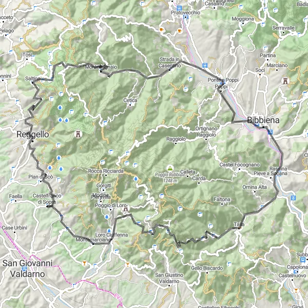 Miniatura della mappa di ispirazione al ciclismo "Giro in bicicletta tra Castelfranco di Sopra e Poppi" nella regione di Toscana, Italy. Generata da Tarmacs.app, pianificatore di rotte ciclistiche