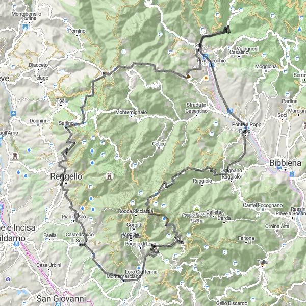 Mapa miniatúra "Reggello - Castelfranco di Sopra" cyklistická inšpirácia v Toscana, Italy. Vygenerované cyklistickým plánovačom trás Tarmacs.app