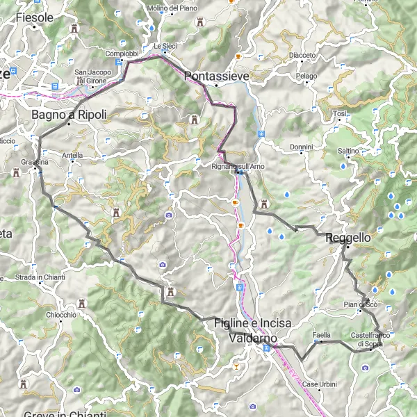 Miniatua del mapa de inspiración ciclista "Ruta de Castelfranco di Sopra a Figline Valdarno" en Toscana, Italy. Generado por Tarmacs.app planificador de rutas ciclistas