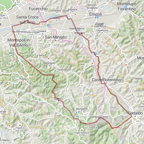 Map miniature of "Castelfranco di Sotto Gravel Explorer" cycling inspiration in Toscana, Italy. Generated by Tarmacs.app cycling route planner