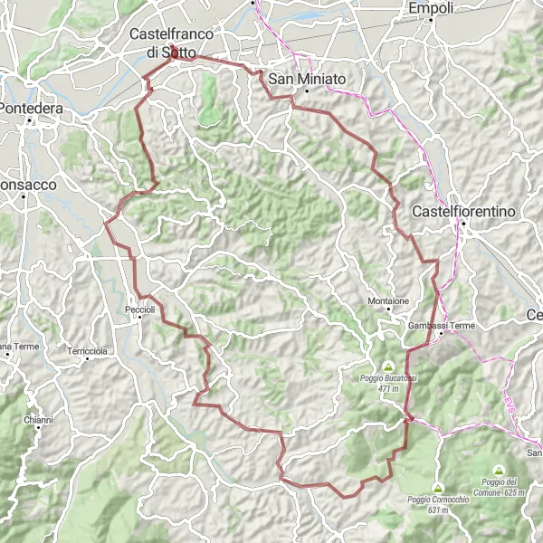 Miniaturní mapa "Gravelová výzva Toskánskými kopců" inspirace pro cyklisty v oblasti Toscana, Italy. Vytvořeno pomocí plánovače tras Tarmacs.app