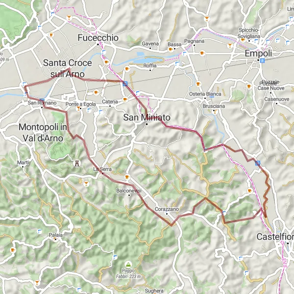 Mapa miniatúra "Gravelova trasa okolo Castelfranco di Sotto" cyklistická inšpirácia v Toscana, Italy. Vygenerované cyklistickým plánovačom trás Tarmacs.app