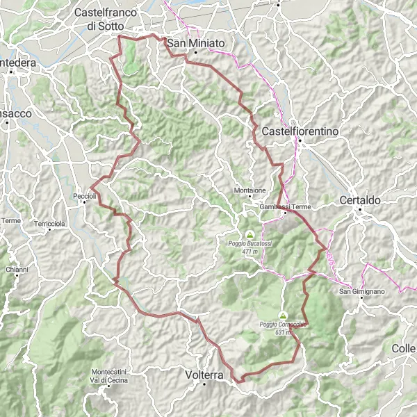 Mapa miniatúra "Náročný gravelový okruh přes Palaia" cyklistická inšpirácia v Toscana, Italy. Vygenerované cyklistickým plánovačom trás Tarmacs.app