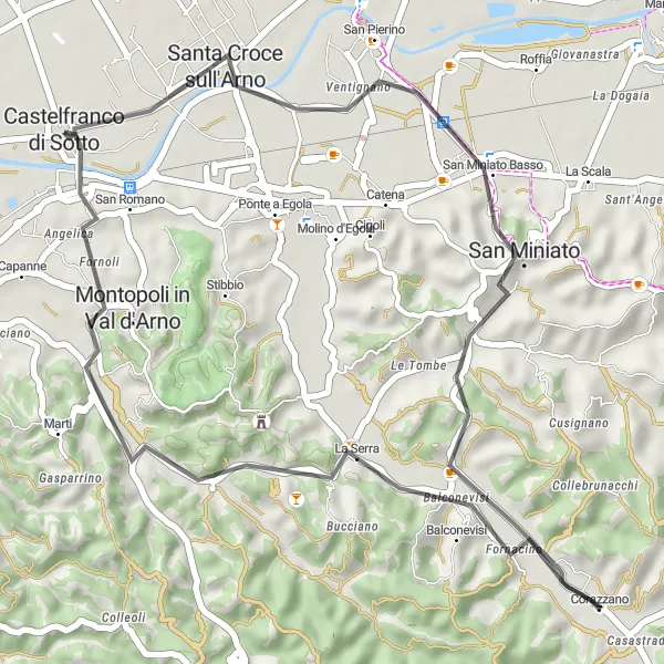 Miniatuurkaart van de fietsinspiratie "Rondje Castelfranco di Sotto naar Montopoli in Val d'Arno" in Toscana, Italy. Gemaakt door de Tarmacs.app fietsrouteplanner