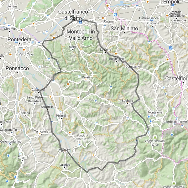 Miniatura della mappa di ispirazione al ciclismo "Giro delle Colline Pisane" nella regione di Toscana, Italy. Generata da Tarmacs.app, pianificatore di rotte ciclistiche