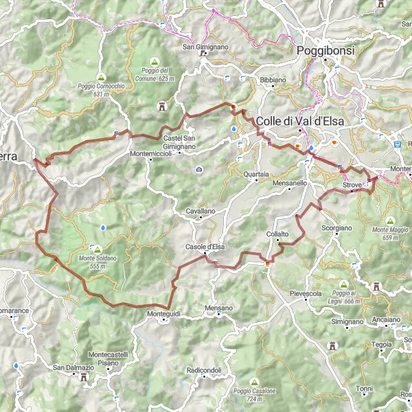 Map miniature of "Hills of Val d'Elsa" cycling inspiration in Toscana, Italy. Generated by Tarmacs.app cycling route planner