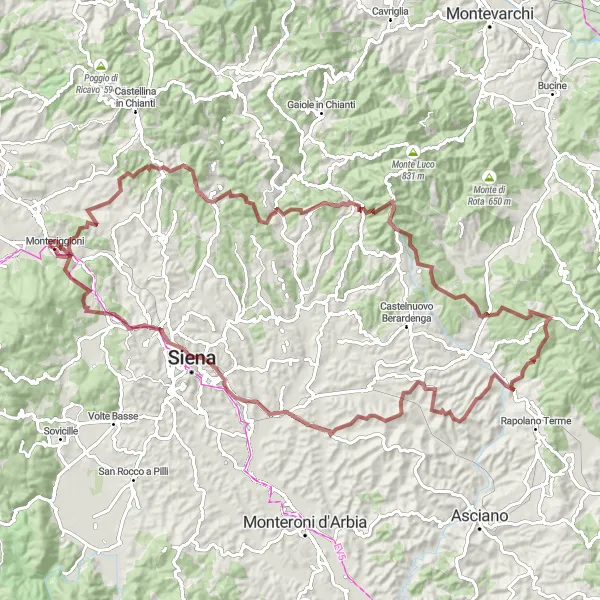 Miniature de la carte de l'inspiration cycliste "L'Aventure du Gravier Toscan" dans la Toscana, Italy. Générée par le planificateur d'itinéraire cycliste Tarmacs.app