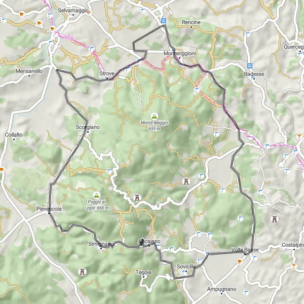 Miniatuurkaart van de fietsinspiratie "Wegroute via Sovicille en Monteriggioni" in Toscana, Italy. Gemaakt door de Tarmacs.app fietsrouteplanner