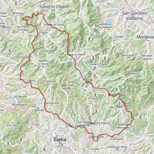 Miniaturní mapa "Gravel Chianti Circuit" inspirace pro cyklisty v oblasti Toscana, Italy. Vytvořeno pomocí plánovače tras Tarmacs.app