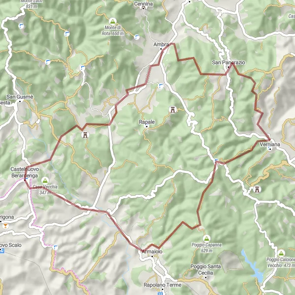 Miniature de la carte de l'inspiration cycliste "Boucle de Pietraviva et Poggio Santa Lucia" dans la Toscana, Italy. Générée par le planificateur d'itinéraire cycliste Tarmacs.app