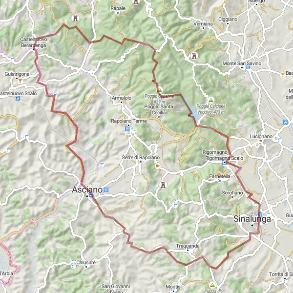 Mapa miniatúra "Gravelová cyklotrasa na 82 km s výstupom 1565 m" cyklistická inšpirácia v Toscana, Italy. Vygenerované cyklistickým plánovačom trás Tarmacs.app