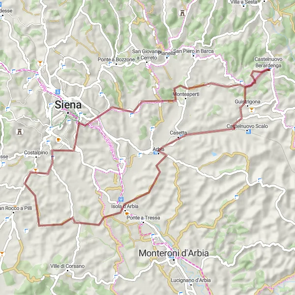Miniaturní mapa "Zalesněná cyklostezka okolo Castelnuovo Berardenga" inspirace pro cyklisty v oblasti Toscana, Italy. Vytvořeno pomocí plánovače tras Tarmacs.app