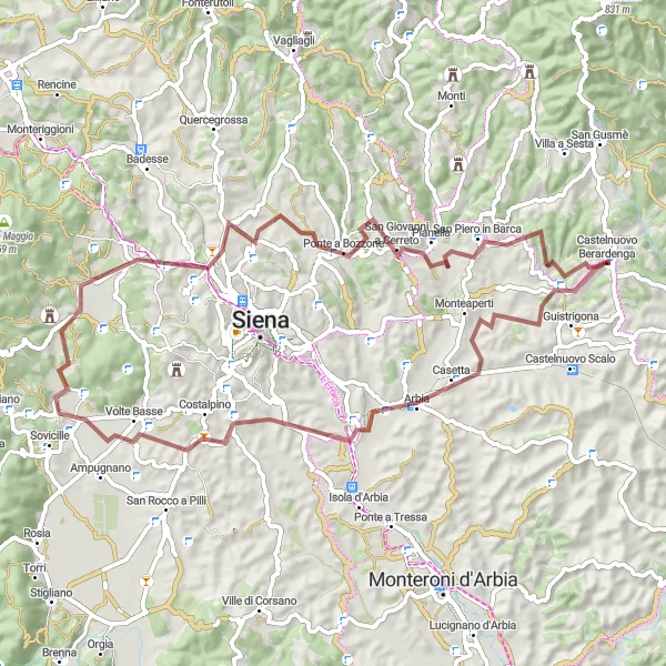 Kartminiatyr av "Gravelväg till fantastiska Castelnuovo Berardenga" cykelinspiration i Toscana, Italy. Genererad av Tarmacs.app cykelruttplanerare