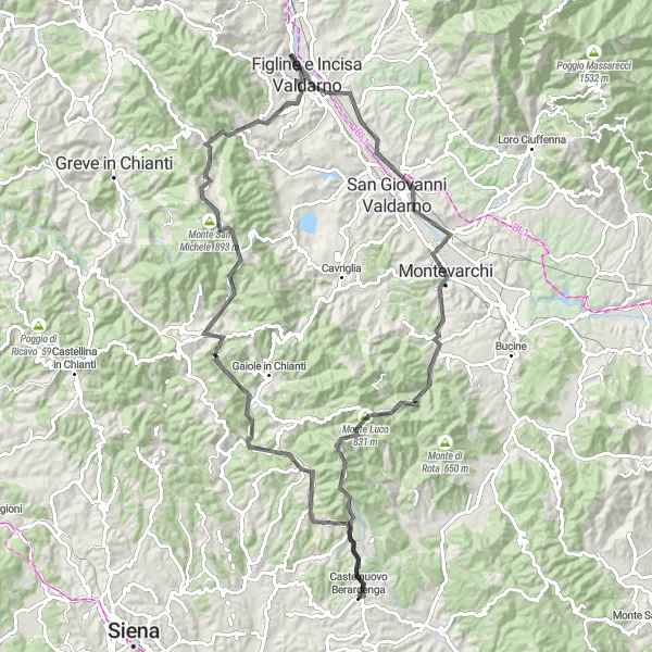 Miniatuurkaart van de fietsinspiratie "Tour van Castelnuovo Berardenga naar Figline e Incisa Valdarno en terug" in Toscana, Italy. Gemaakt door de Tarmacs.app fietsrouteplanner