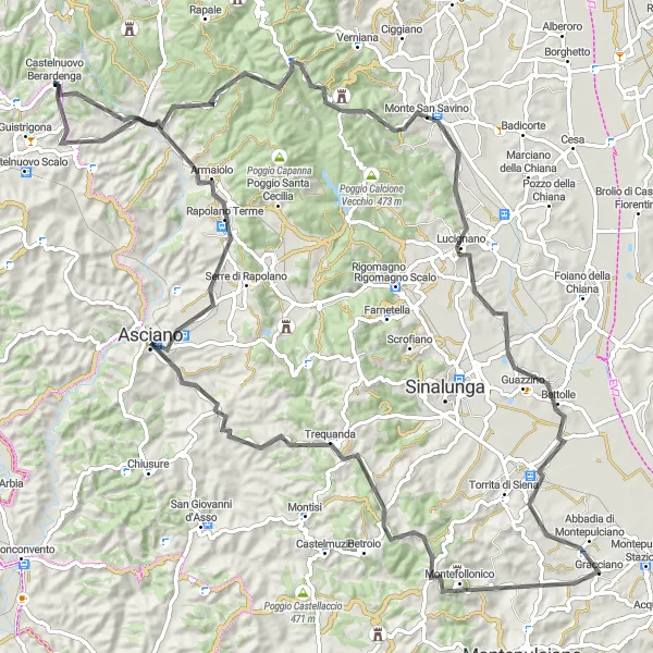 Karttaminiaatyyri "Toscanan kukkulat ja kylien tunnelma" pyöräilyinspiraatiosta alueella Toscana, Italy. Luotu Tarmacs.app pyöräilyreittisuunnittelijalla