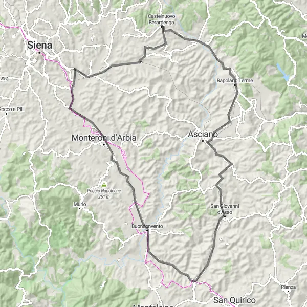 Kartminiatyr av "Landevei til Castelnuovo Berardenga" sykkelinspirasjon i Toscana, Italy. Generert av Tarmacs.app sykkelrutoplanlegger