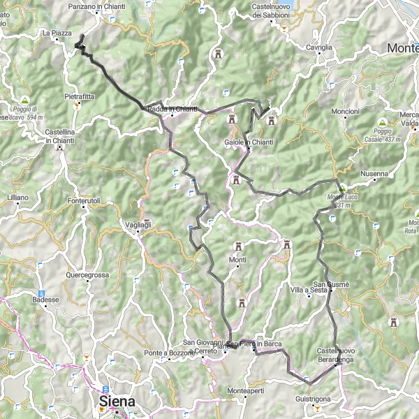 Miniaturní mapa "Jízda Chianti v čele" inspirace pro cyklisty v oblasti Toscana, Italy. Vytvořeno pomocí plánovače tras Tarmacs.app