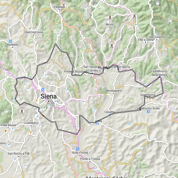 Zemljevid v pomanjšavi "Kolesarjenje skozi slikovito Toskano" kolesarske inspiracije v Toscana, Italy. Generirano z načrtovalcem kolesarskih poti Tarmacs.app