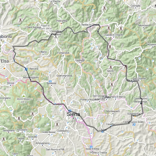 Miniature de la carte de l'inspiration cycliste "Les trésors cachés du Chianti en road bike" dans la Toscana, Italy. Générée par le planificateur d'itinéraire cycliste Tarmacs.app
