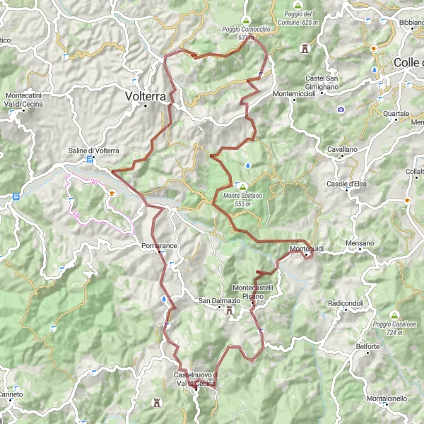 Miniatura della mappa di ispirazione al ciclismo "Percorso gravel tra Pomarance e Montecastelli Pisano" nella regione di Toscana, Italy. Generata da Tarmacs.app, pianificatore di rotte ciclistiche