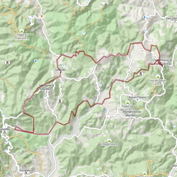 Miniatura della mappa di ispirazione al ciclismo "Maestoso giro gravel fino a Serrazzano" nella regione di Toscana, Italy. Generata da Tarmacs.app, pianificatore di rotte ciclistiche